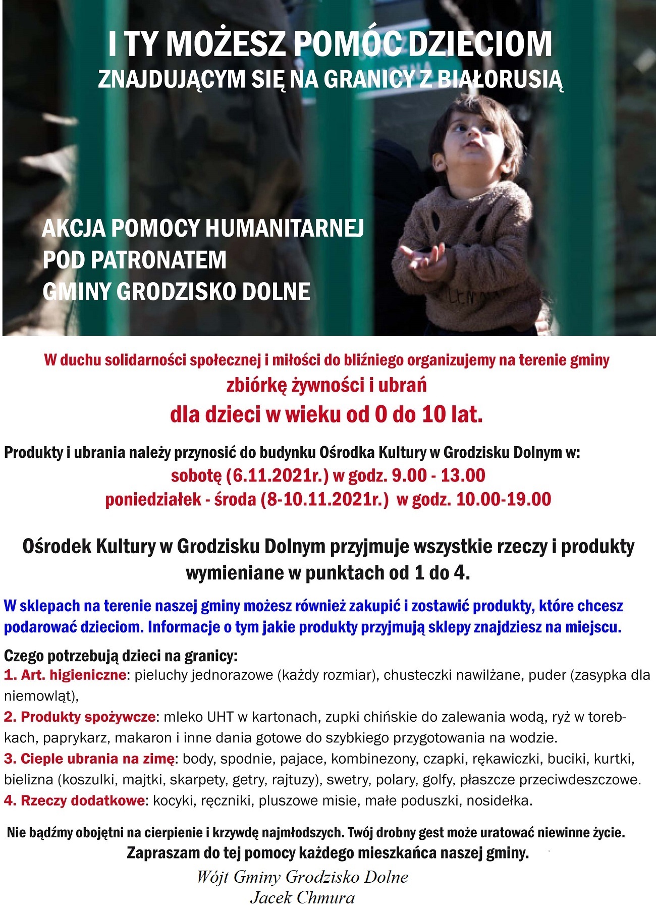 I Ty możesz pomóc dzieciom znajdującym się na granicy z Białorusią - akcja humanitarna Gminy Grodzisko Dolne 